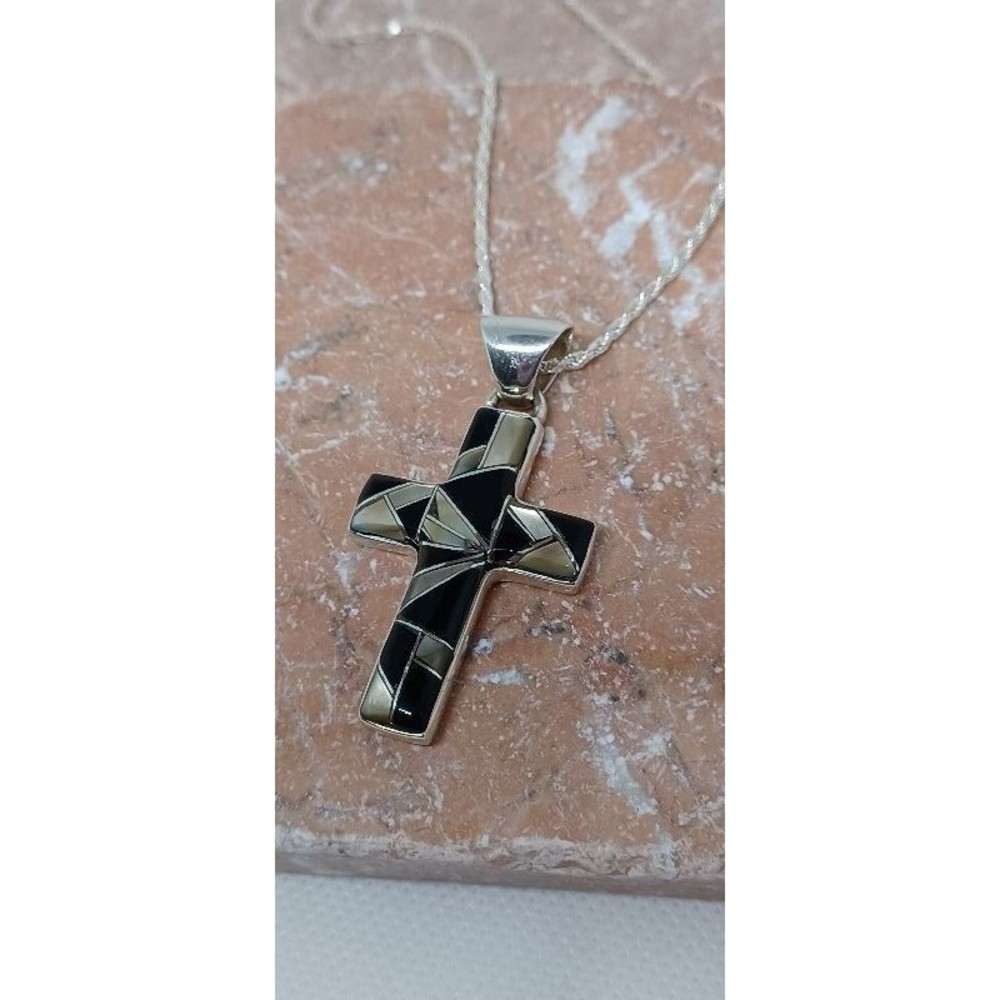 Solid Sterling + Gemstone He Has Risen Cross Pendant Necklace - Black Onyx (#8)